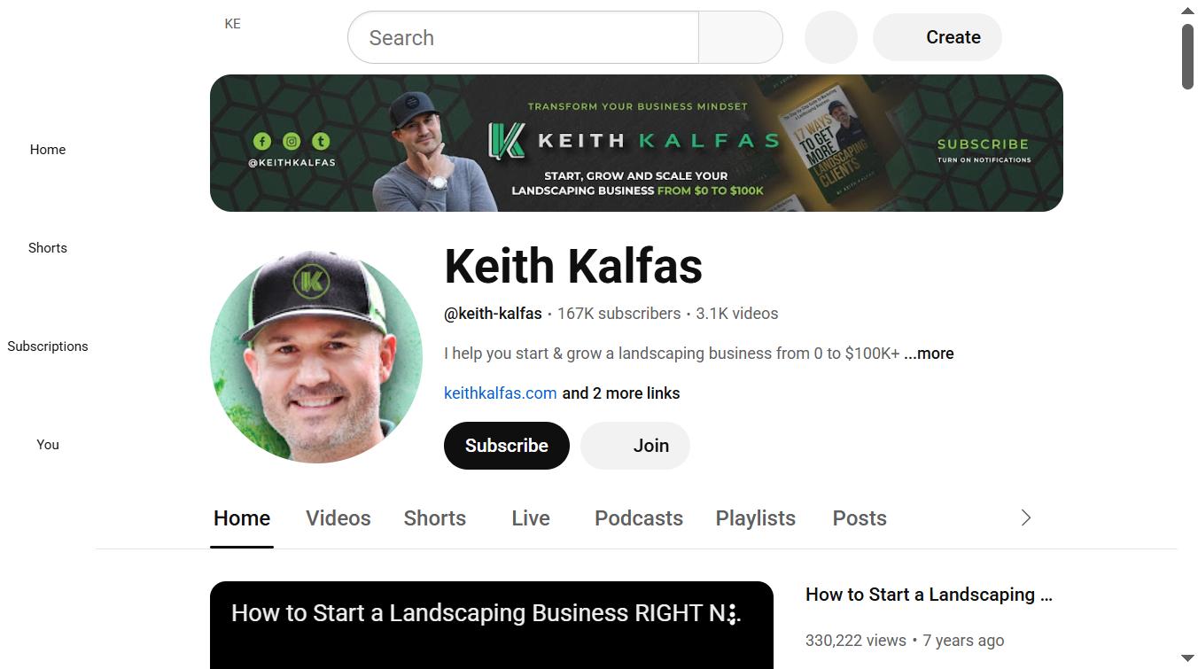 Screenshot of Keith Kalfas YouTube channel with 167K subscribers and 3.1K videos