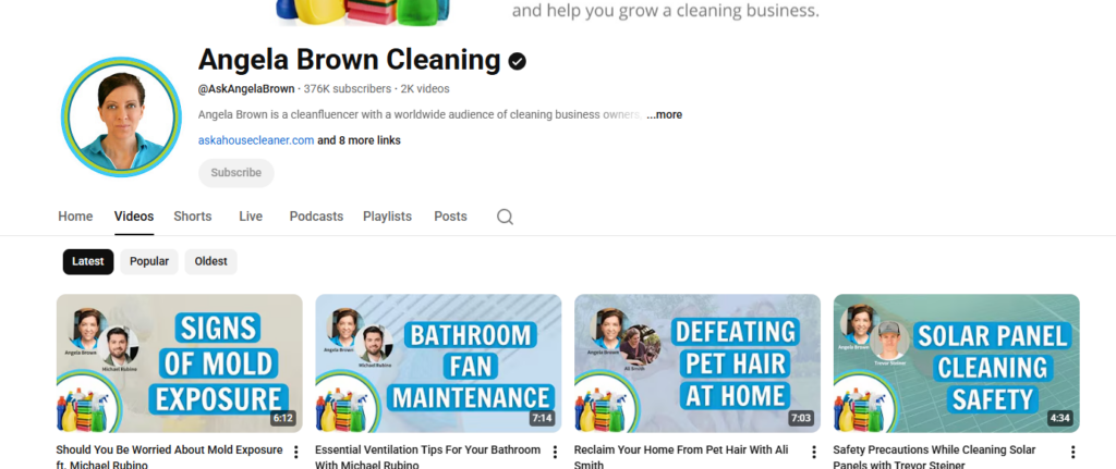 Angela Brown’s YouTube channel showing 376K subscribers and 2K videos.
